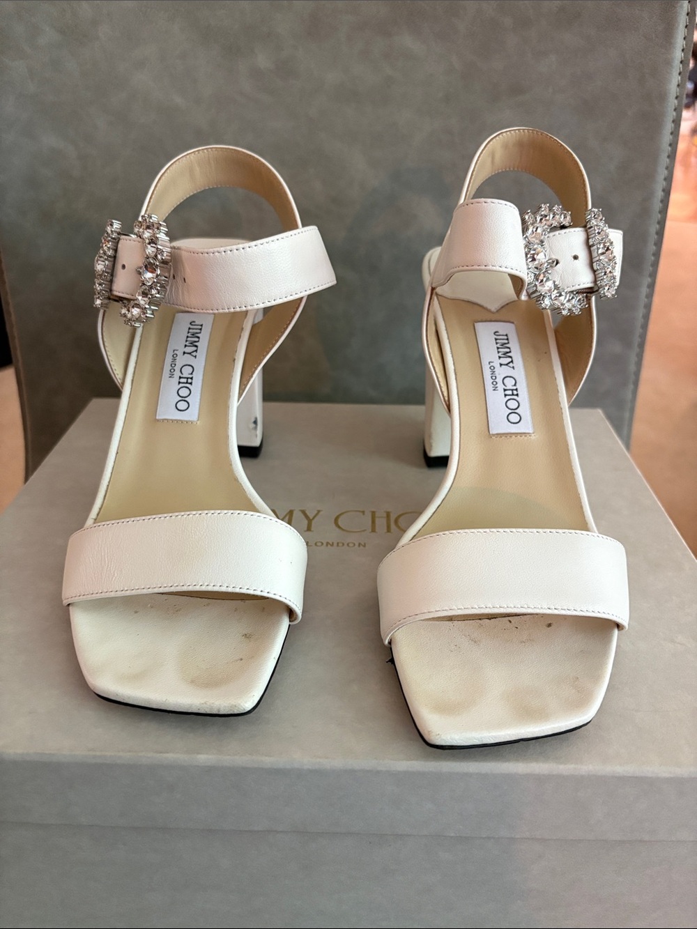 Jimmy Choo Ivory Leather Crystal-Buckle Block Heel Sandals